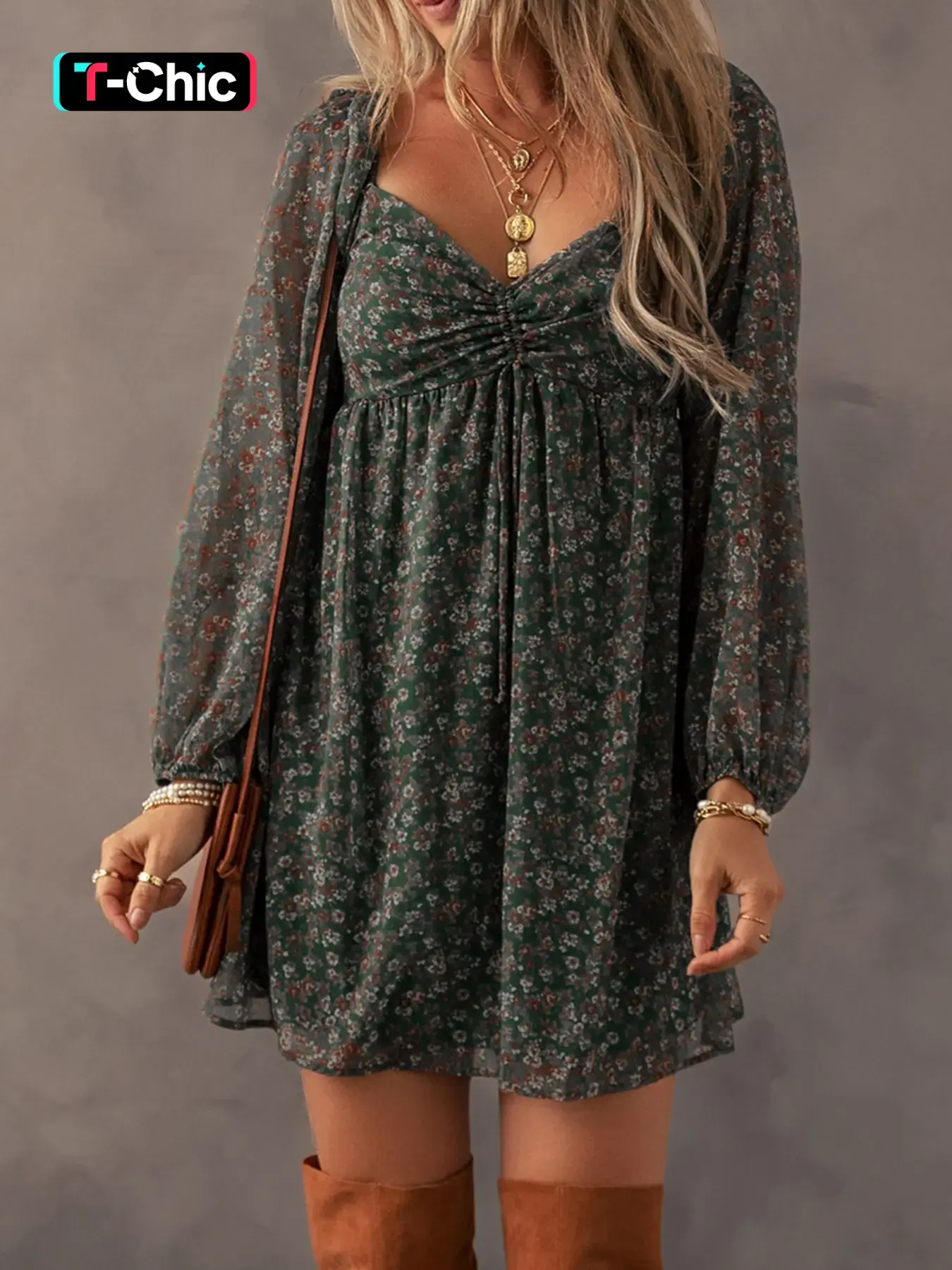 Women's Ditsy Floral Print Sweetheart Neck Shirred Back Fitted Feminine Dress, Boho Bohemian Fashion Casual Chic Puff Sleeve Dress for Daily Holiday Vacation Wear, Ladies Dress for All Seasons, Casual Boho Elegant, Boho Style, Womenswear