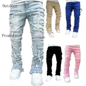Outdoor wear stretchy vintage be stacked jeans for men premium raw frayed denim destroyed washed patchwork pants men Jean