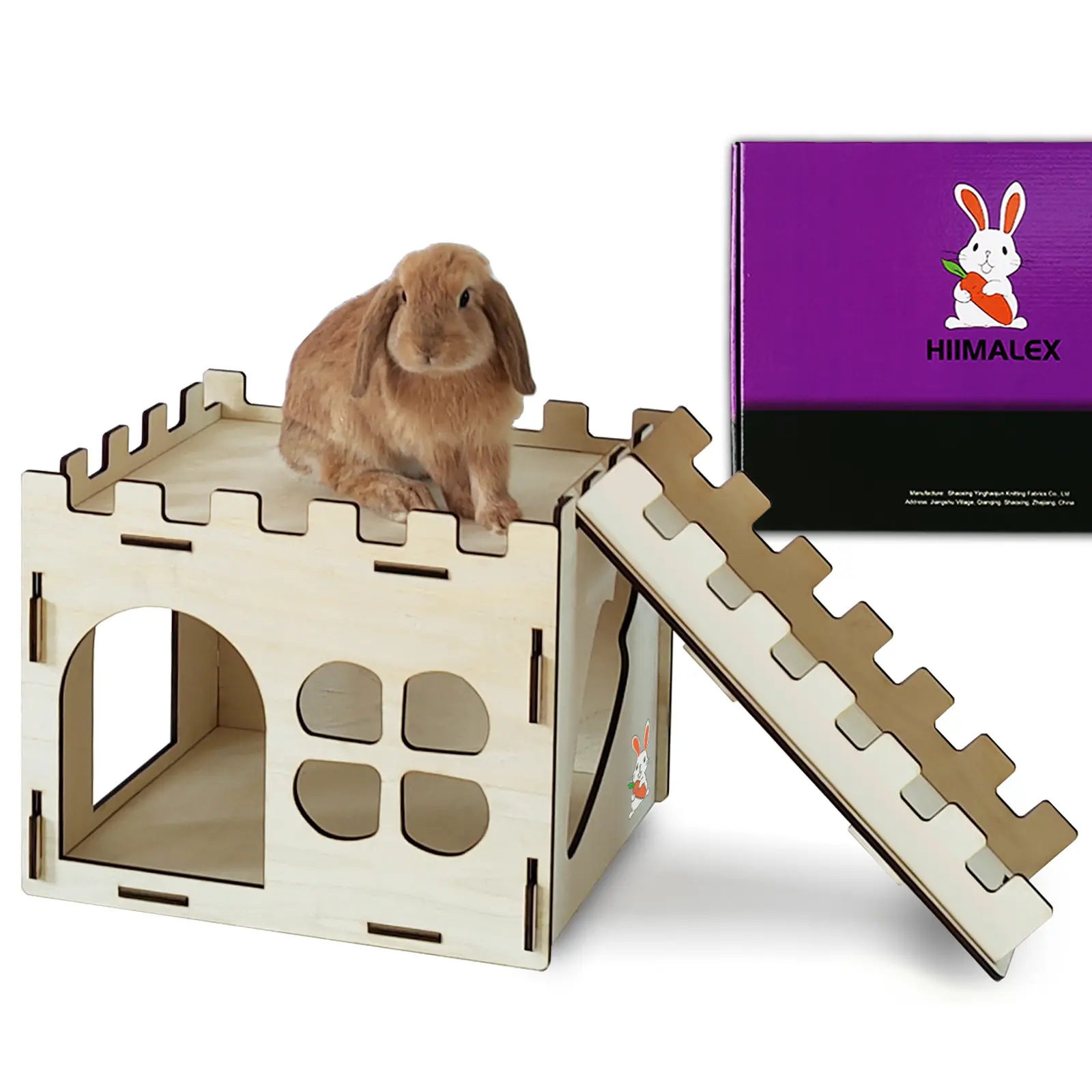 HIIMALEX Castle Shape Solid Wood Play House for Indoor Rabbits, Extra Large Sturdy Hideout with Ample Room, 15in(L)x13.4in(W)x11.8in(H), 5.9in(W)x7.3in(H), Easy Assembly, Lockable Slots, Stairs, Round Edges, Detachable Habitat for Guinea Pigs