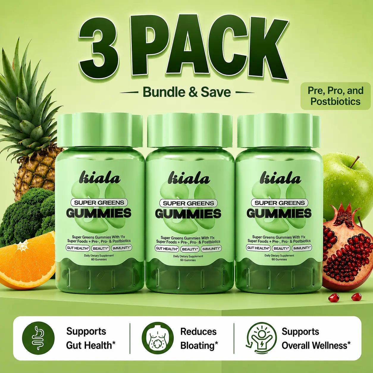 Kiala Nutrition Super Greens Gummies 3-pack Organic Gut Support Dietary Supplement with Immune Boost, Natural Digestion Support & Bloating Relief