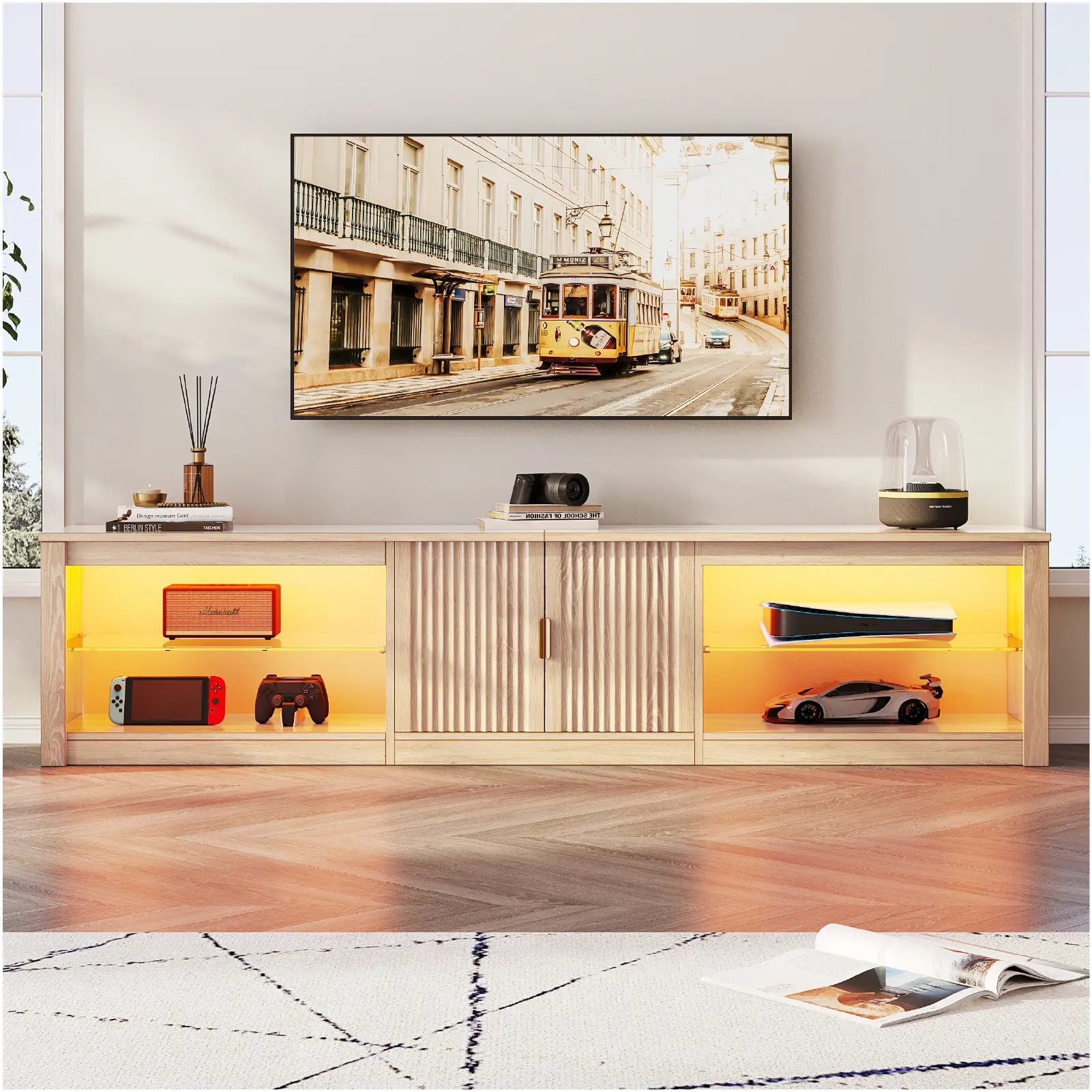 RGB LED TV Stand for TVs up to 85", Modern Entertainment Center with Adjustable Glass Shelves & Storage Cabinets