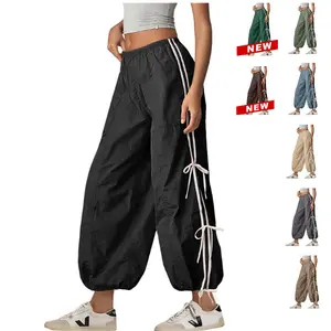 UANEO Women's Parachute Style Elastic High Waist Full Twist Hiking Cargo Pants with Adjustable Cuffs Womenswear Casual Bottom