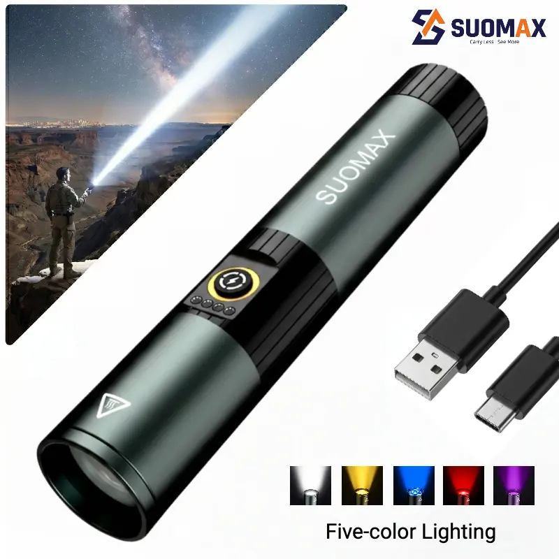 SUOMAX 5-in-1 Strong Flashlight, 1800LM Super Bright LED Light, UV/RED/YELLOW/BLUE/WIGHT BEAM, USB-C Rechargeable Pocket EDC Flashlight, Magnetic Base, IPX4 Waterproof, For night work, Camping, Outdoor tactical light