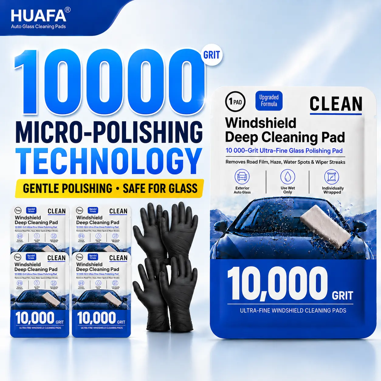 10,000 Grit Windshield Deep Cleaning Pads, 4PCS Auto Glass Polishing Wipes with 2 Pairs Nitrile Gloves, Removes Road Film, Oily Film, Haze, Water Spots & Wiper Streaks, Gentle Exterior Car Window Glass Cleaner