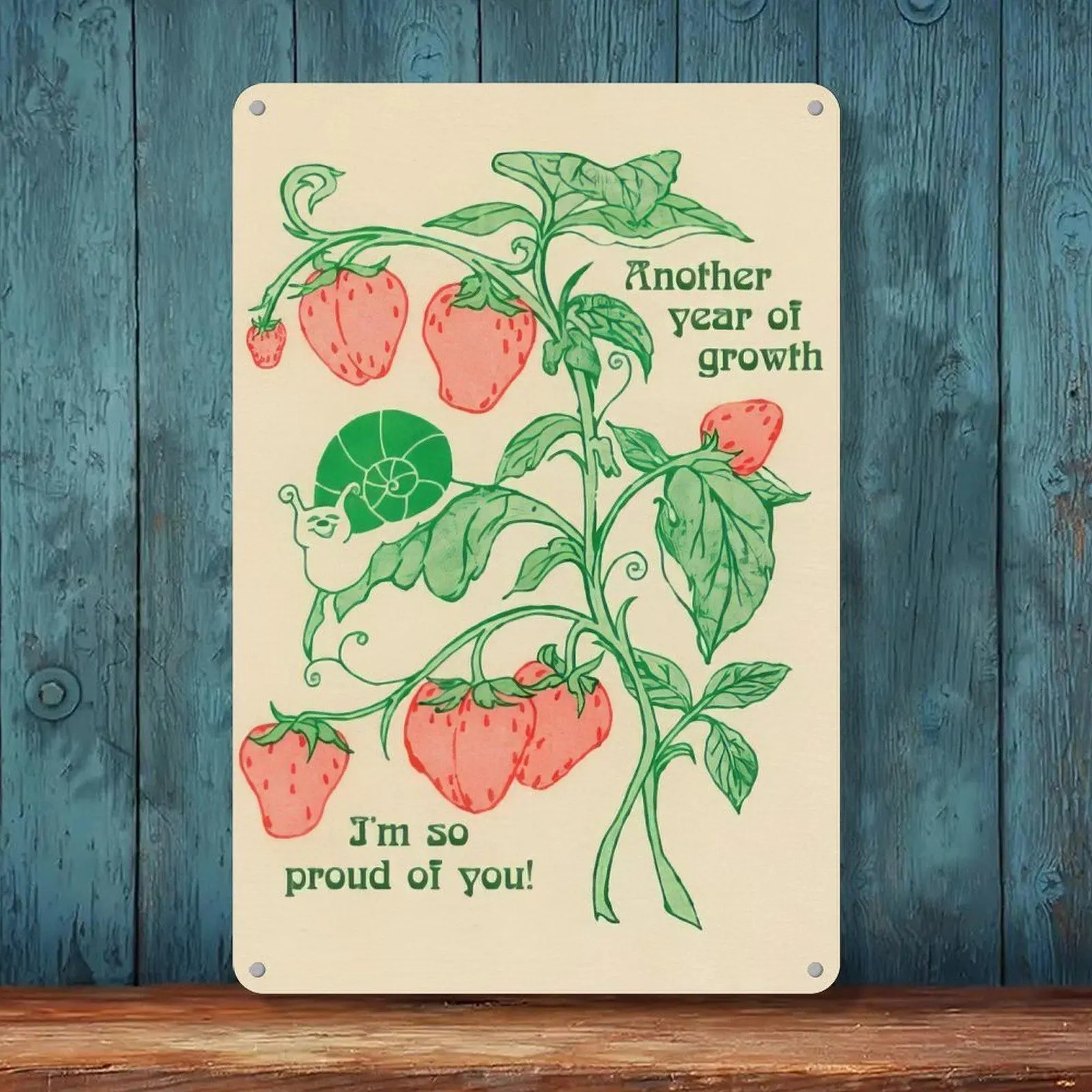 Another Year Of Growth Strawberry Vine Snail Positive Quote Vintage Art Tin Sign 8x12in Plant Lover Bedroom Wall Decor Metal Tin Sign