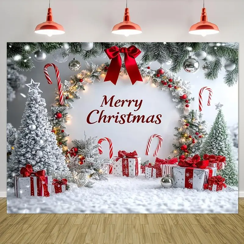 1pc Christmas Backdrop Cloth Banner - Candy Cane & Silvery Tinsel Design, White Snowy Scene, Easy-to-Hang Speeds Party Prep, Vibrant Adds Festive Energy, Works Indoors, on Walls, or in Yards, No Electricity Needed, Ideal for Party Decoration Gifts, Lightw