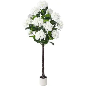 5 FT Artificial Hydrangea Tree- Large Faux Hydrangea Plants Indoor Outdoor，Fake Flower Trees with White Tall Planter for Home Garden,Front Decor