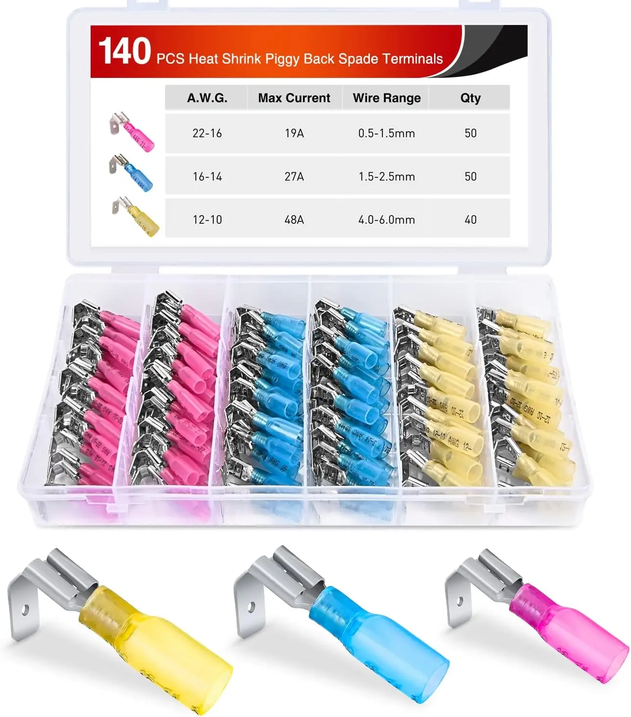 Nilight 140PCS Durable Reliable Heat Shrink Piggy Back Spade Terminals Connectors Assortment Kit - 22-16/16-14/12-10 AWG, Waterproof Gel, 3:1 Shrinkage Ratio, Translucent Tube, Quick Splice Crimp for Auto Cars/Trucks, 12V Accessories (Father's Day Gift),,