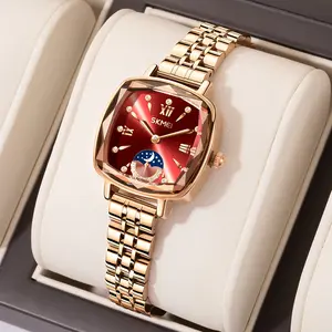 Rose Gold Ladies' Watch Stylish Simple Square Quartz Watch, 30M Water Resistant, Steel Strap with Strap Adjuster，Red watch
