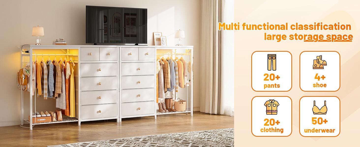Raybee 49.2" W 6 Drawer Dresser for Bedroom with Hanging Rack, Home Organizer Dresser with LED Lights & Charging Station, Fabric Dressers & Chest of Drawers with Clothes Rack, Wooden Top, Grid Panel, Small Space Storage Unit for Living Room, Closet Raybee 49.2" W 6 Drawer Dresser for Bedroom with Hanging Rack, Home Organizer Dresser with LED Lights & Charging Station, Fabric Dressers & Chest of Drawers with Clothes Rack, Wooden Top, Grid Panel, Small Space Storage Unit for Living Room, Closet