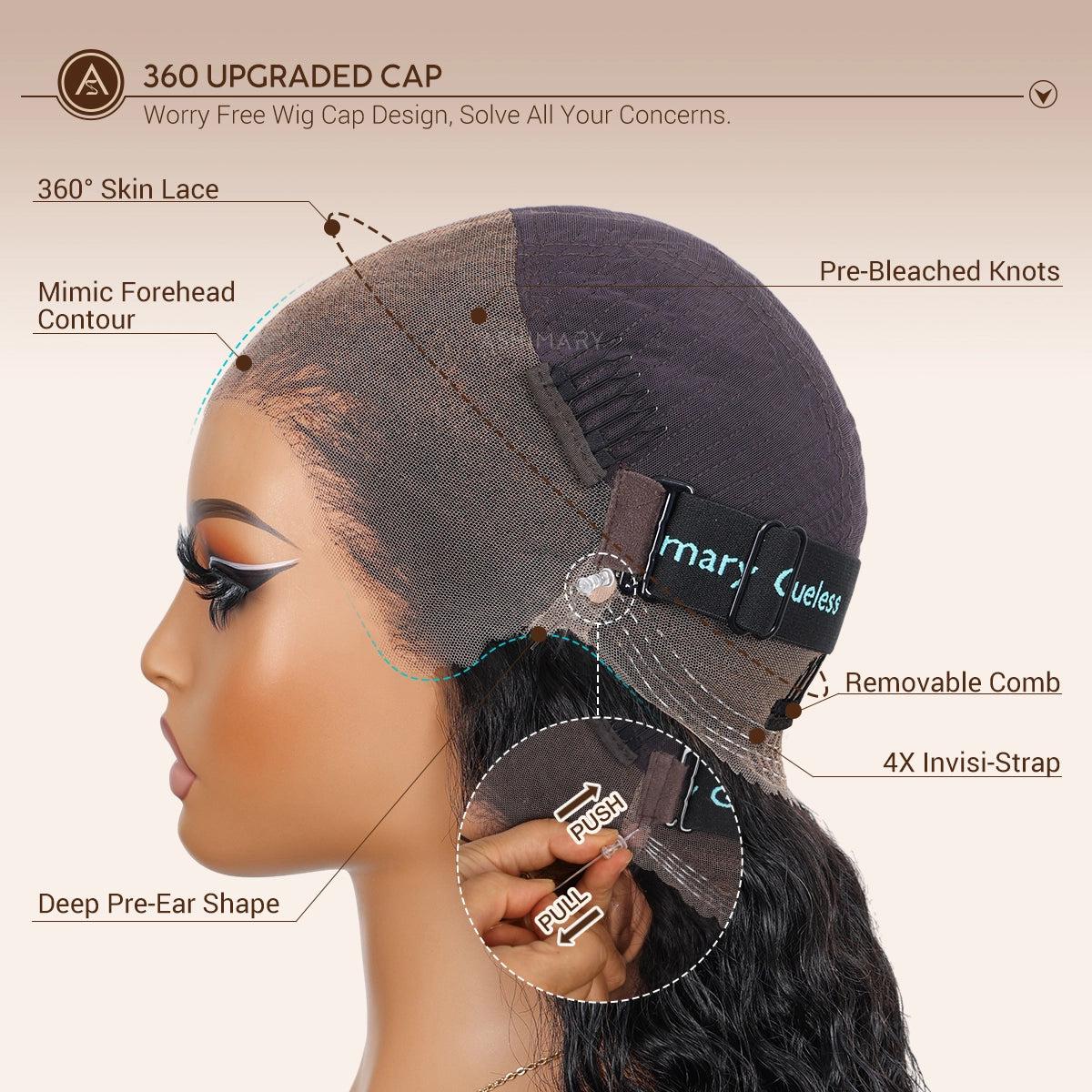 Water Wave 360 Lace Frontal Wig with Invisi Strap Brown Balayage Highlight Adjustable Fit Pre-Bleached and Pre-Cut Skin Lace SpringStatements