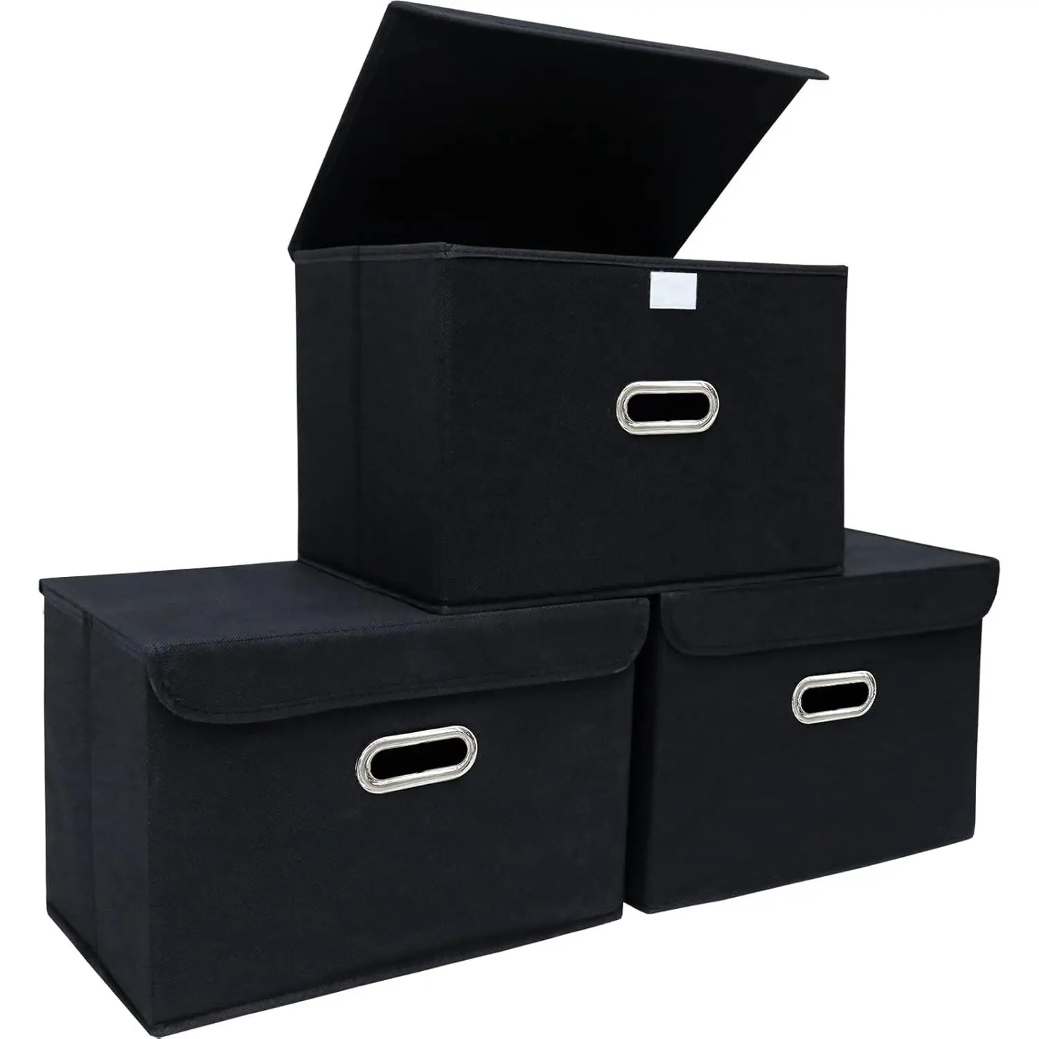 3-Pack Black Cube Shape Fabric Organizer Boxes with Lids & Metal Handles - Collapsible Foldable Storage Organization Bins for Bedroom Storage, Closet Storage