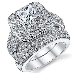 Women's 1Ct. Sterling Silver 925 Princess-cut Double Halo Cubic Zirconia Wedding Engagement Ring Set