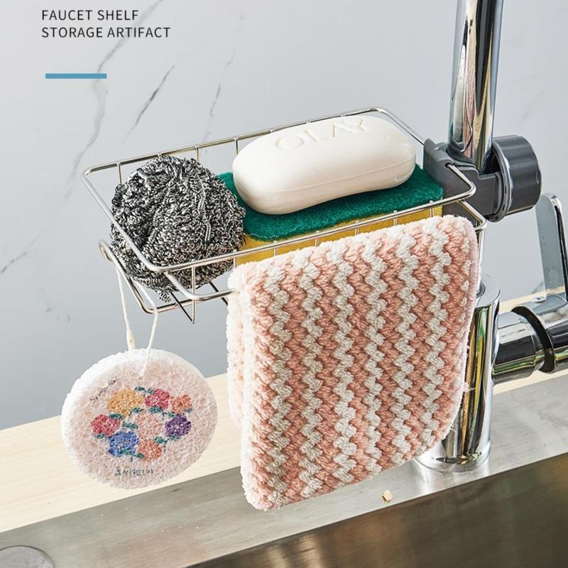 Stainless Steel Sponge Holder for Kitchen Sink – Silver Sink Organizer & Drying Rack for Sponges and Bottles