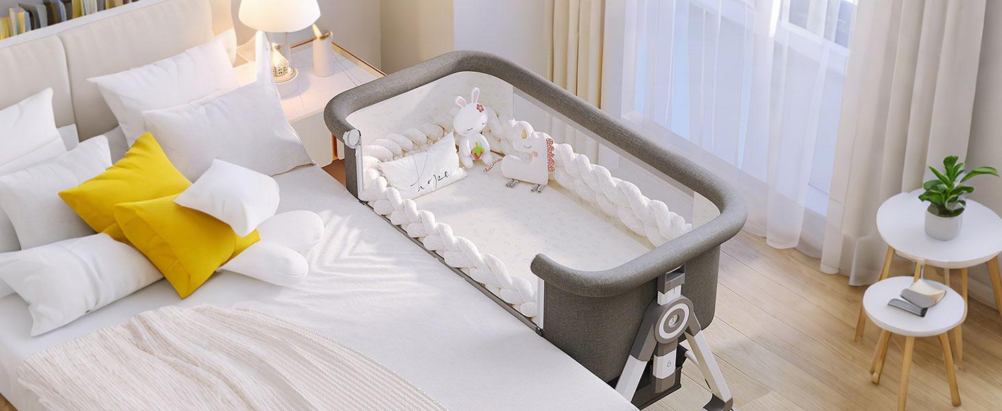 Virplik 4-in-1 Portable Baby Bassinet with Mosquito Net, Rocking Function, Storage Basket, Adjustable Height, Foldable Design, Wheels, Mattress, Crib for Newborns Bassinet with Mattress