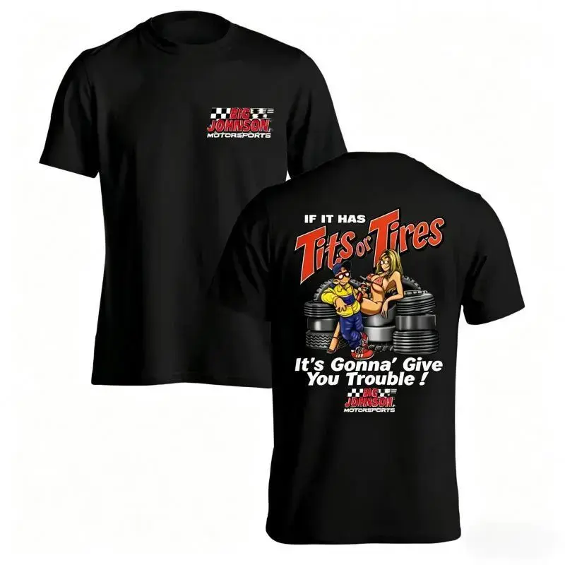 Big Johnson Motorsports Double-Sided Vintage Racing Graphic Tee - Unisex Retro Humorous Street Style T Shirts, Gifts for Him, Mens Gifts for Car Enthusiasts, Casual Sport Top