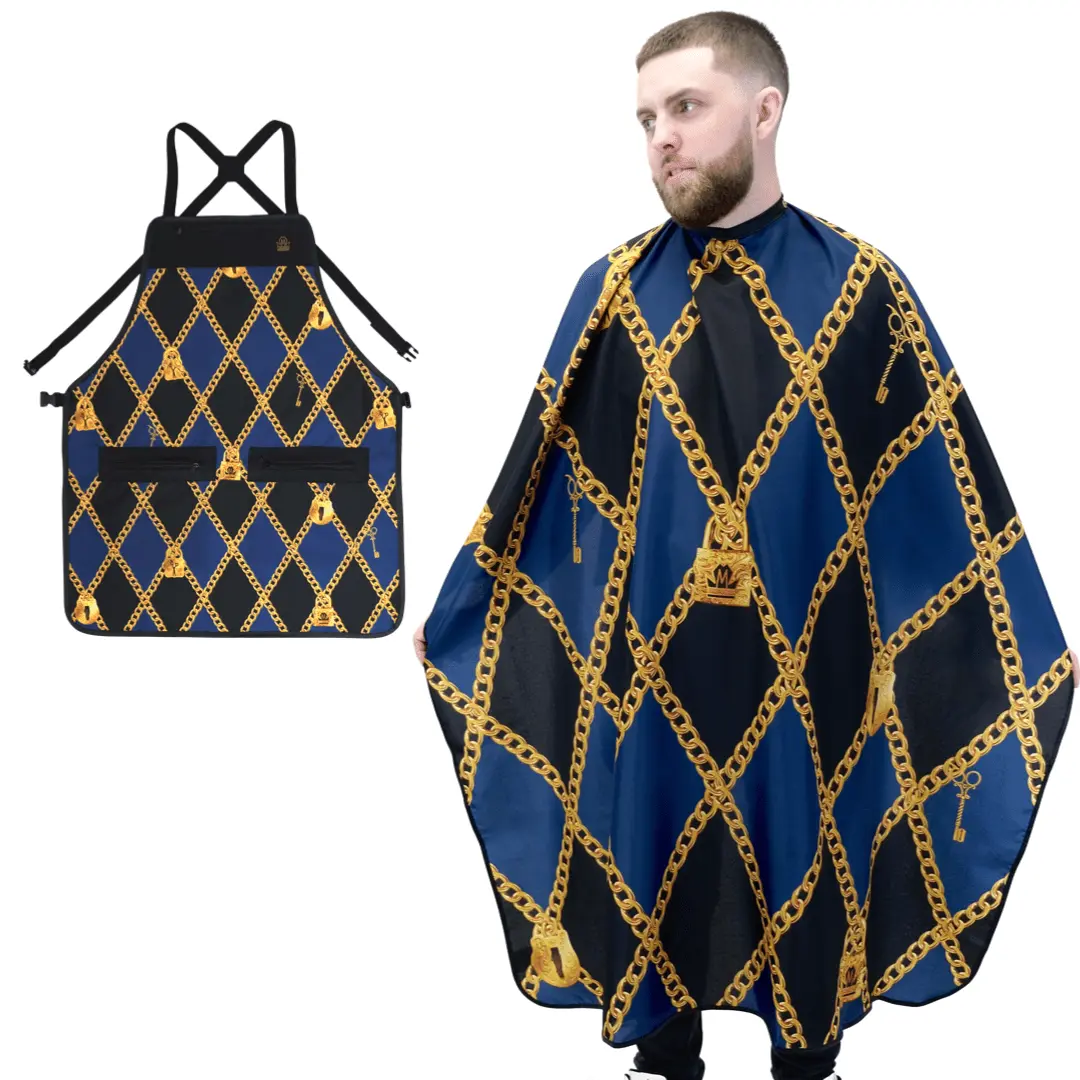 Professional Navy Barber Apron and Cape Set for Salons, Durable Lightweight Waterproof Apparel with Cross-Back Straps, Zippered Pockets, Haircare