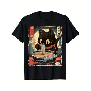 Cat Eating Ramen Noodles Anime Gift Girls Teens T-Shirt