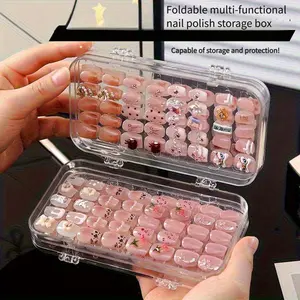Retro 3 fold transparent nail polish and accessories storage box - portable dust-proof cover design, suitable for patch nail enhancement, jewelry, travel and home, nail storage and sorting box