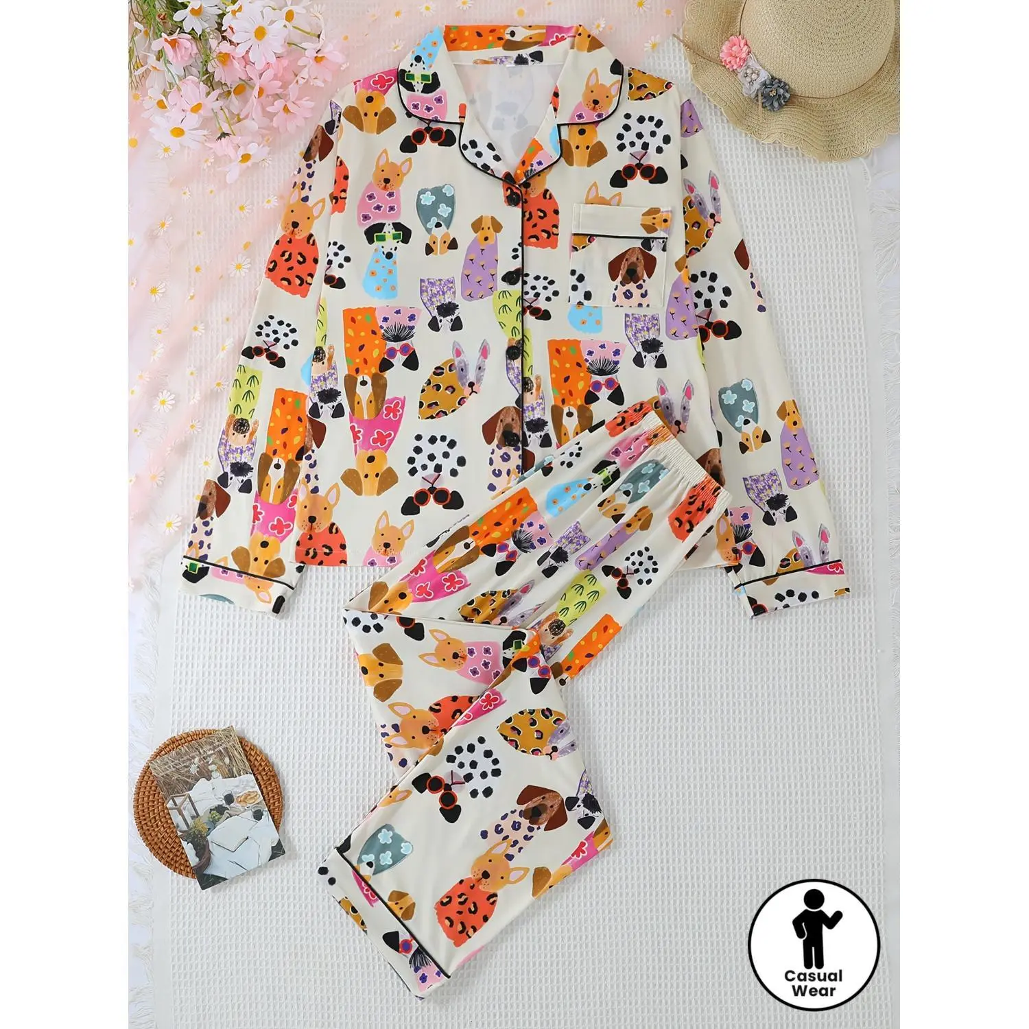 A Two-Piece Set of Autumn And Winter Women'S Pajamas, Featuring a Loose Cardigan with a Lapel, Long Sleeves, And Extended Pants. It Includes a Cute Dog Party Print And Is Designed for Comfort at Home, Suitable for Casual Wear Throughout The Seasons