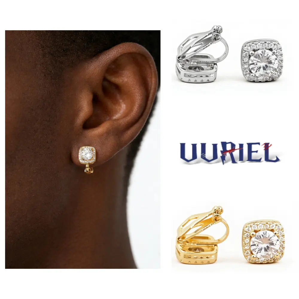 Geometric Square Pave CZ Earrings - Non-Pierced Ear Clips for Men, Elegant Synthetic Diamond Statement Men's Jewelry for Daily Wear
