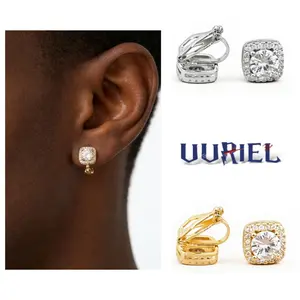 Square Paved Artificial Zirconia Ear Clips, Fashionable Statement Jewelry for Men and Women, Elegant Non-Pierced Gift, Artificial Zirconia Earrings, Fashionable Jewelry Accessories