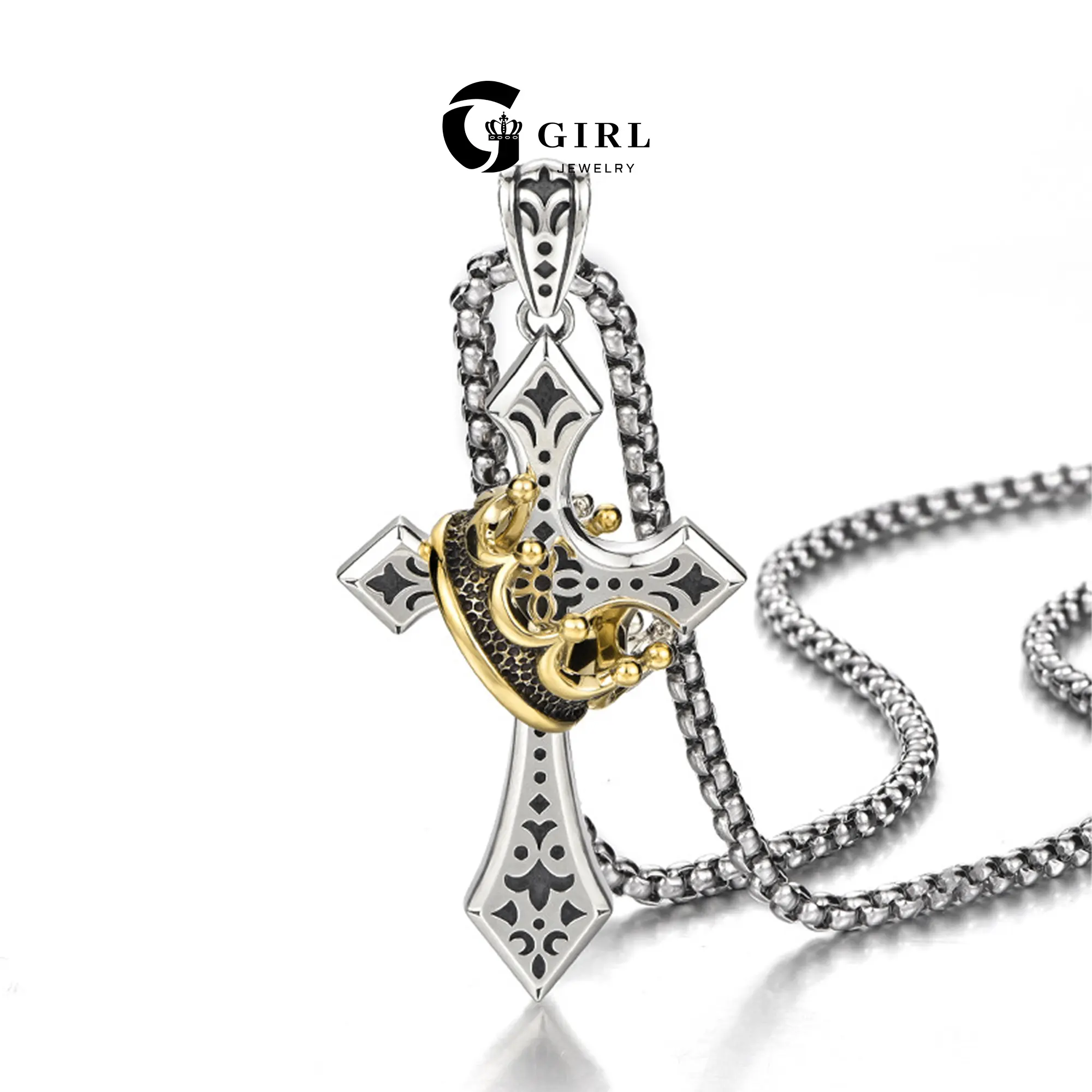 GGIRL Elegant Non Tarnish Stainless Steel Unisex Cross Necklace - Silver-Color Cross with Golden Crown Pendant, Retro Long Faith-Focused Stylish Accessories Non Tarnish Necklace Gift, Jewelry, Faith Gift Ready