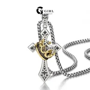 GGIRL Elegant Stainless Steel Crown Cross Necklace Silver-Color Cross with Golden Crown Design Pendants, Jewelry Gift for Men and Women With Faith and Style