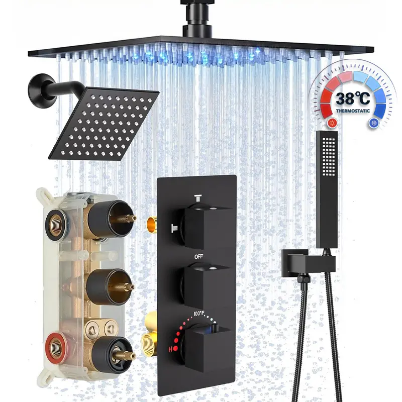 Thermostatic Matte Black Dual Shower Heads Faucet Set, 12" Ceiling Mount LED Rainfall Shower Faucet System with 12'' Top Head+6'' Side Head and ABS Handheld Head Sprayer Diverter Shower Faucet Trim Kit (12", Matte Black)