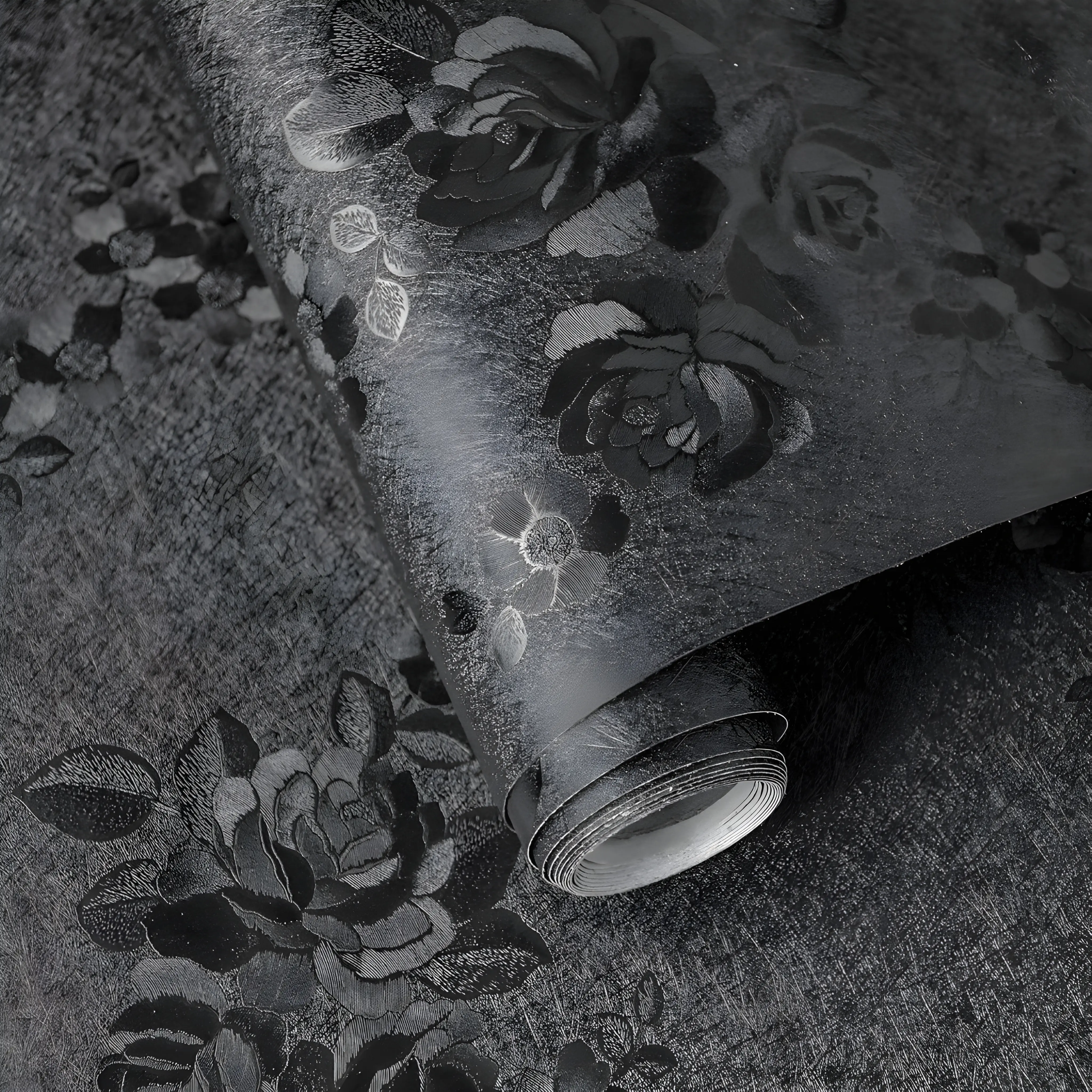 Black Peel and Stick Wallpaper 118inL 17.7inW Black Silk Embossed Floral Contact Paper for Cabinets Drawers Furniture Textured Flower Removable Wallpaper for Kitchen Bathroom Waterproof Thicken