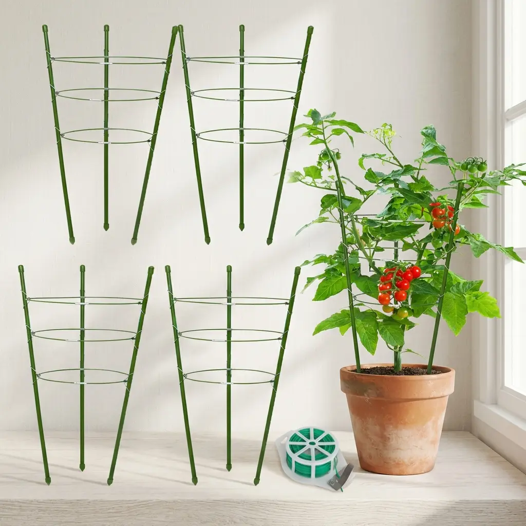 4Pcs 18in Stainless Steel-Plastic Stackable Outdoor Garden Plant Support Cages, 3-Ring Customizable Durable Steel Core Frames, Tomato Climbing Extension Poles, 20m Cable Ties & Labels for Garden Vegetables