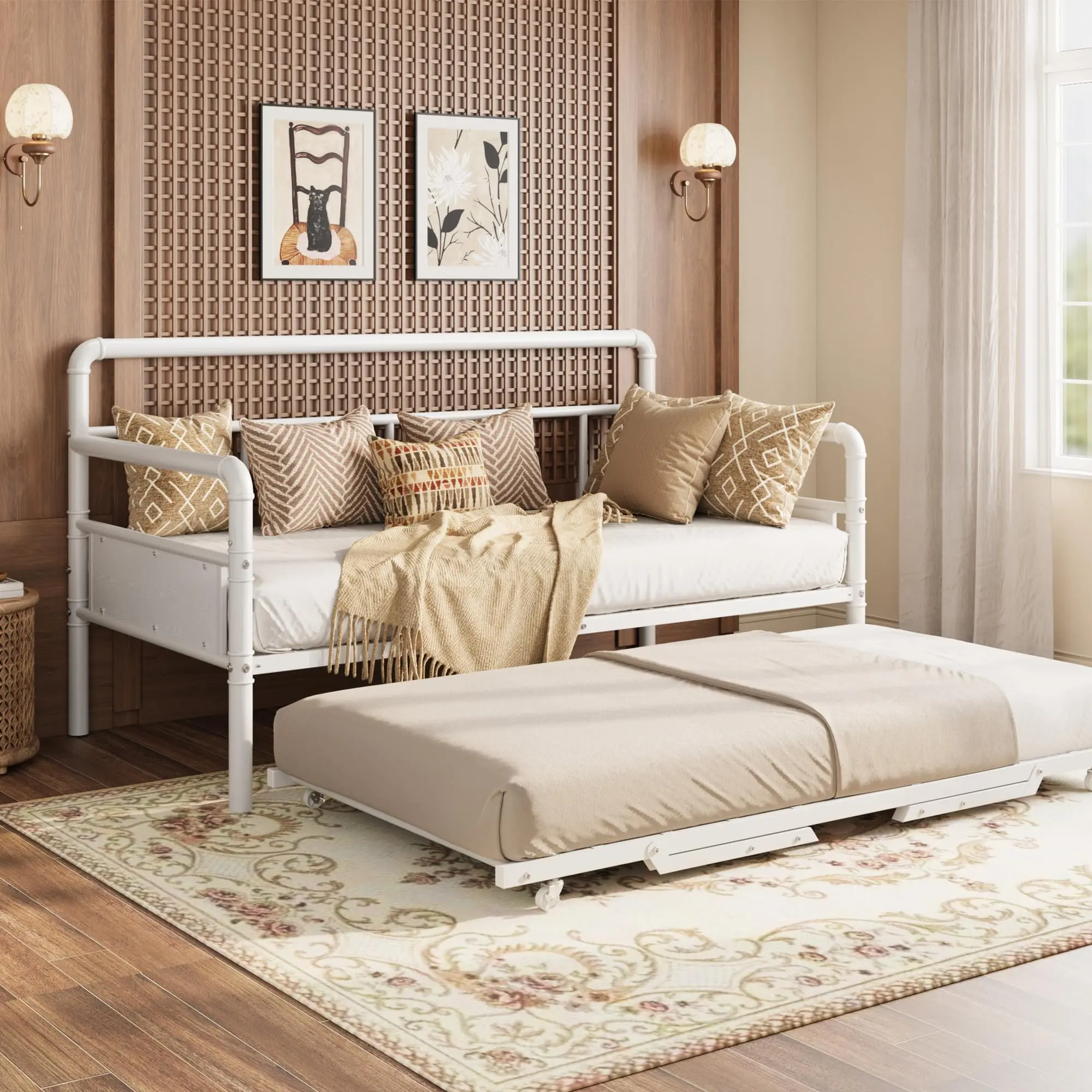 Garvee Twin Rectangular Metal Frame Daybed with Pop-Up Trundle, Accommodates 2 People, White, Two People