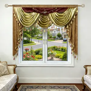 Gold Scallop Jacquard Curtain for Kitchen Luxury Waterfall Valance 47 inches Length Brown Chenille Curtain Swag Window Treatment for Living Room Bedroom,Pack of 1pc