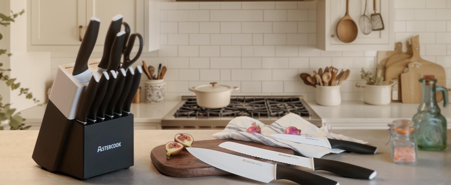 Astercook 14-Piece Kitchen Knife Set with Knife Block & Sharpener, Ceramic Coated Stainless Steel, Dishwasher Safe, Modern Home Cooking Cutting Carve