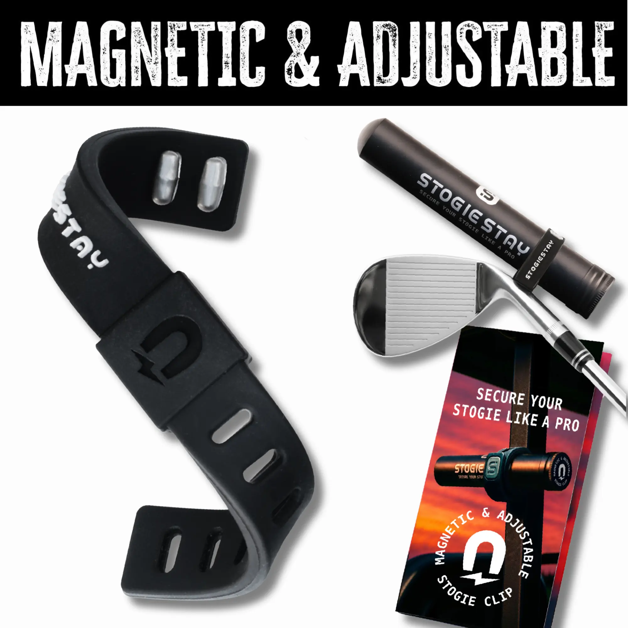 StogieStay Magnetic Golf Holder Clip, Silicone Golf Accessory with Strong Metal Magnet, Weather-Resistant Adjustable Strap, Low Profile, Resilient for Everyday Use, Includes Protective Storage Tube