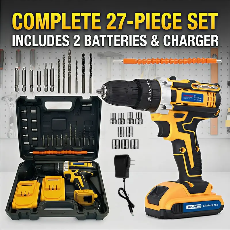 Rechargeable Lithium Drill Power Tool Set,21V Cordless Drill,Electric Power Drill Set with 2 Battery & Charger, 3/8” Keyless Chuck, 2 Variable Speed,LED Light,suitable for home Improvement & DIY Project