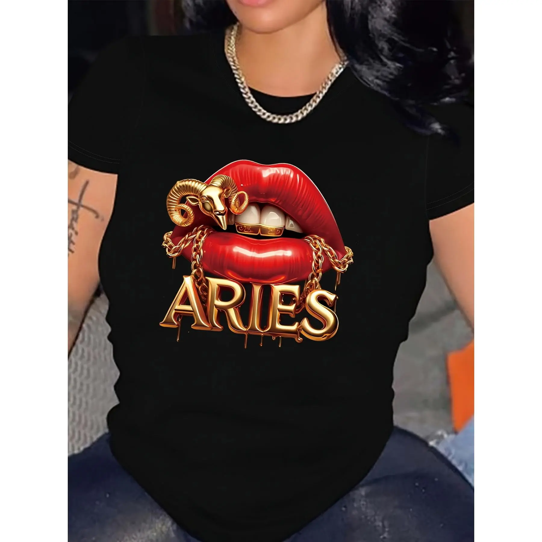 Women's Aries Themed Black T-Shirt - Short Sleeve, Round Neck, Bold Lip Graphic, 180g Lightweight Comfort, Casual Chic Clothes for Zodiac Enthusiasts, Spring Fashion Graphic Tees Women, Shortsleeve# versatile short sleeve