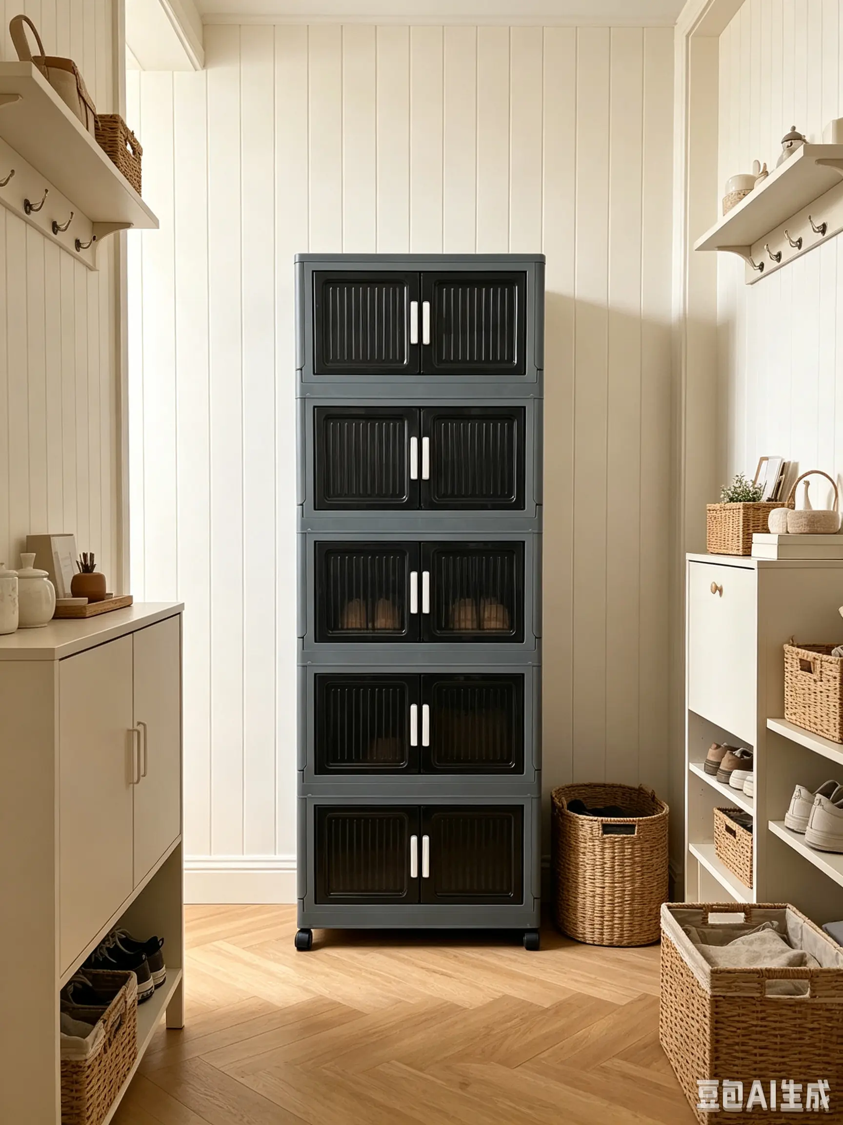 5-tier foldable, stackable gray storage cabinet with wheels and a transparent door; suitable for any home space—living room, bedroom, closet, entryway, kitchen, bathroom, garage, rooms, balcony—and ideal for home organization; sturdy and durable.