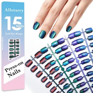 Cat Eye Press on Nails, 15 Full Sizes Range Cat Eye Nails Press Ons 4 Changing Colors Cateye Presson Nail for Women 120pcs Chameleon Glossy Short Square Fake Nail Tips Stick DIY Salon