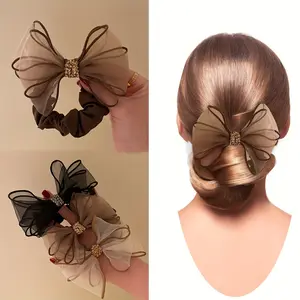 [Vintage Rhinestone Headbands] Three Elegant Vintage Rhinestone Bow Headbands - High-Elastic Women's Hairbands with Mesh And Fabric Design, in Brown/Black/White with Sparkling Accents, Perfect for Stylish Updos