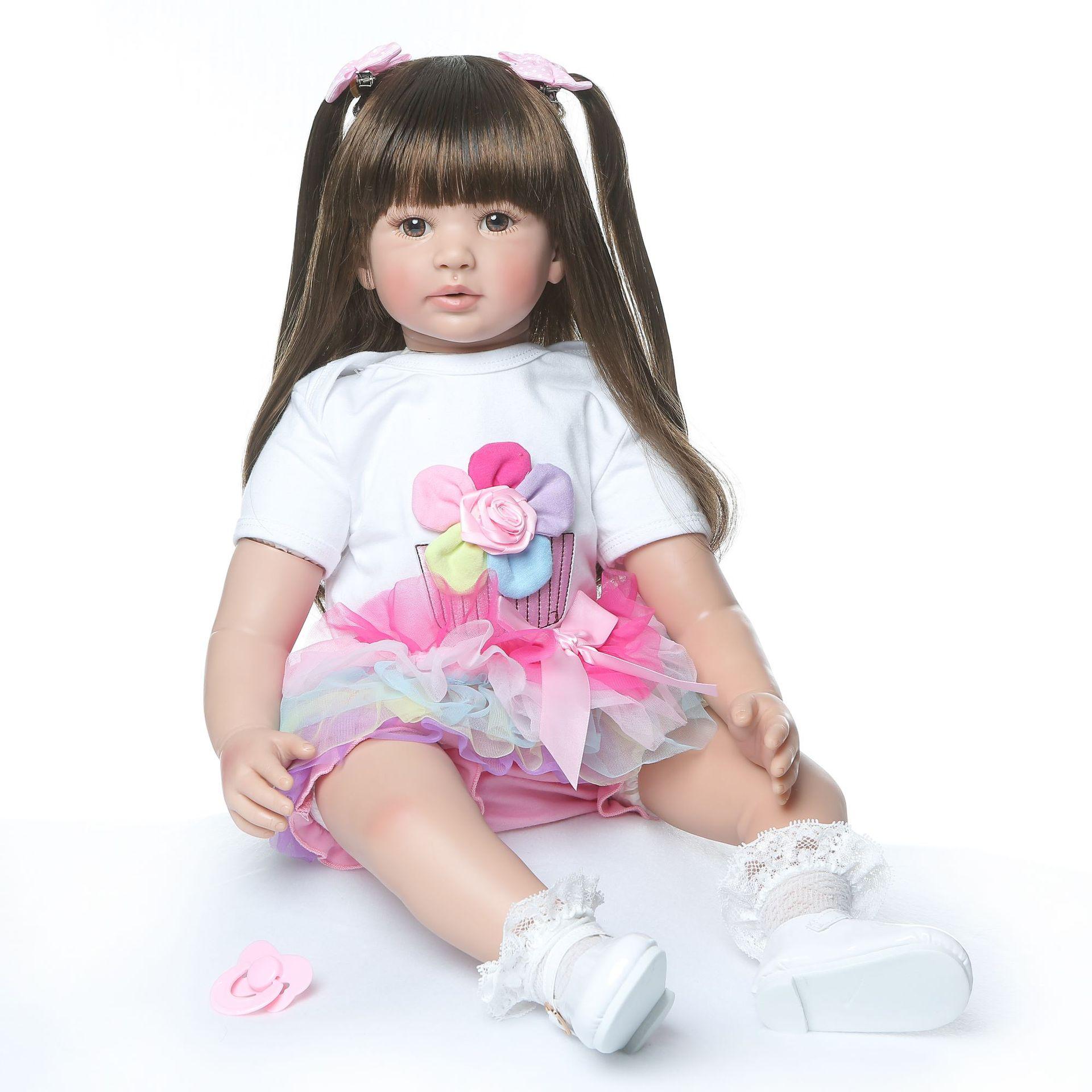 Reborn Baby Doll 22 Inch Realistic Long Haired Girl Handmade Lifelike Can Sit Can Stand For Collection Birthday Christmas Gift Comes with Clothes & Toy Accessories For Children Over 3 Years Old Gift Box Packaging
