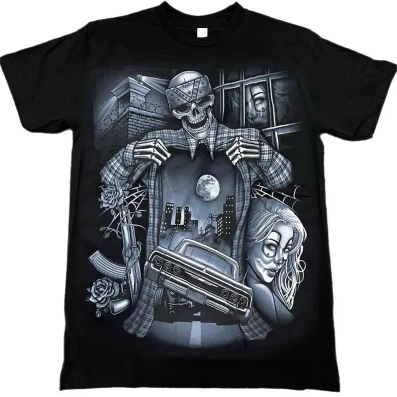 Men's Lowrider Graphic Tshirt, Cholo Skeleton Cruisin' Impala Top, Soft Cotton Fabric, Classic Fit Casual Menswear with O Neck, Short Sleeve Tee, Shortsleeve, T-Shirt, Graphic Print