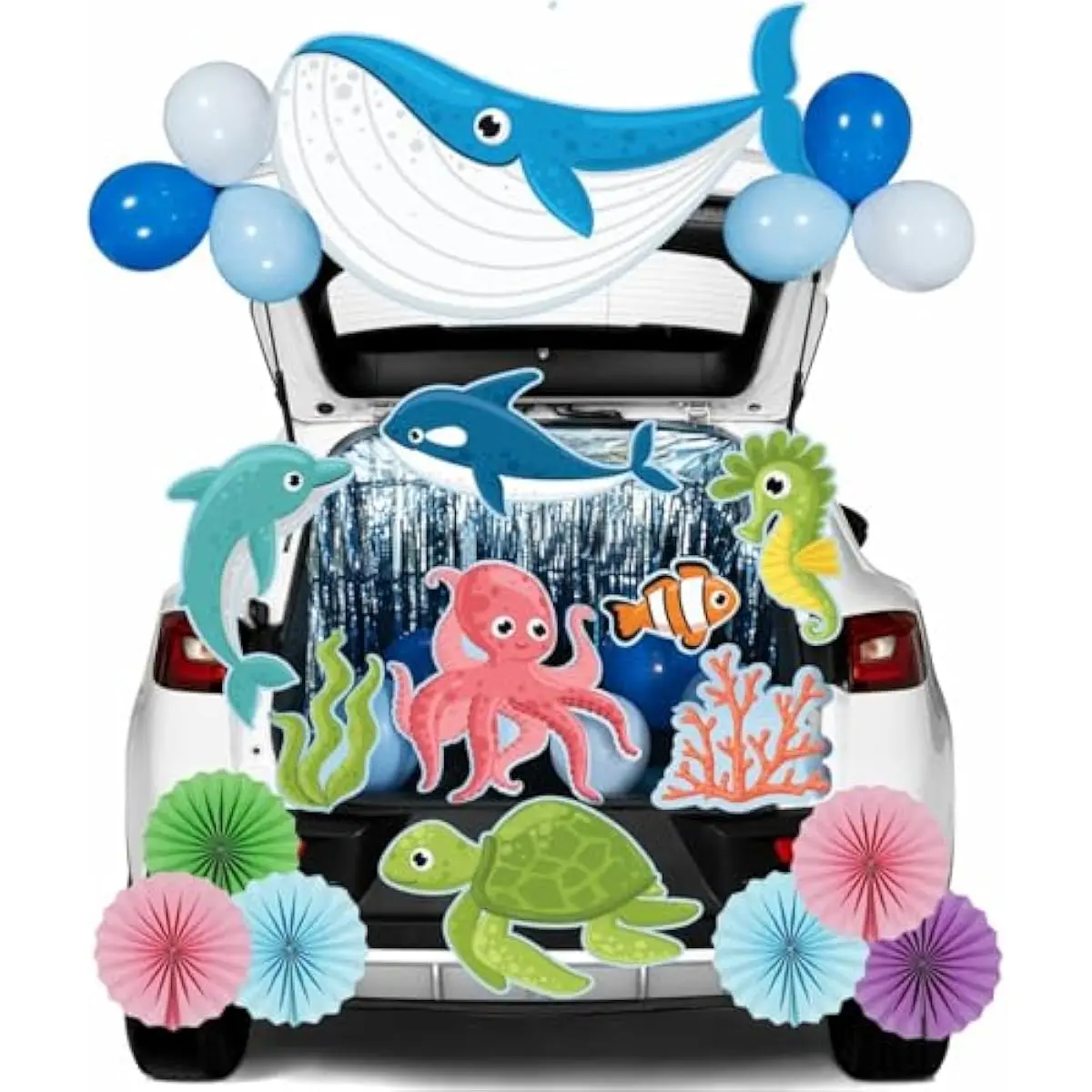 Trunk Or Treat Car Decorations Kit for SUV Halloween Decorations Outdoor Ocean Sea Animals Shark Seaweed Turtle Octopus Whale Dolphin, Stickers Decor with Balloons for Door Archway Entryway