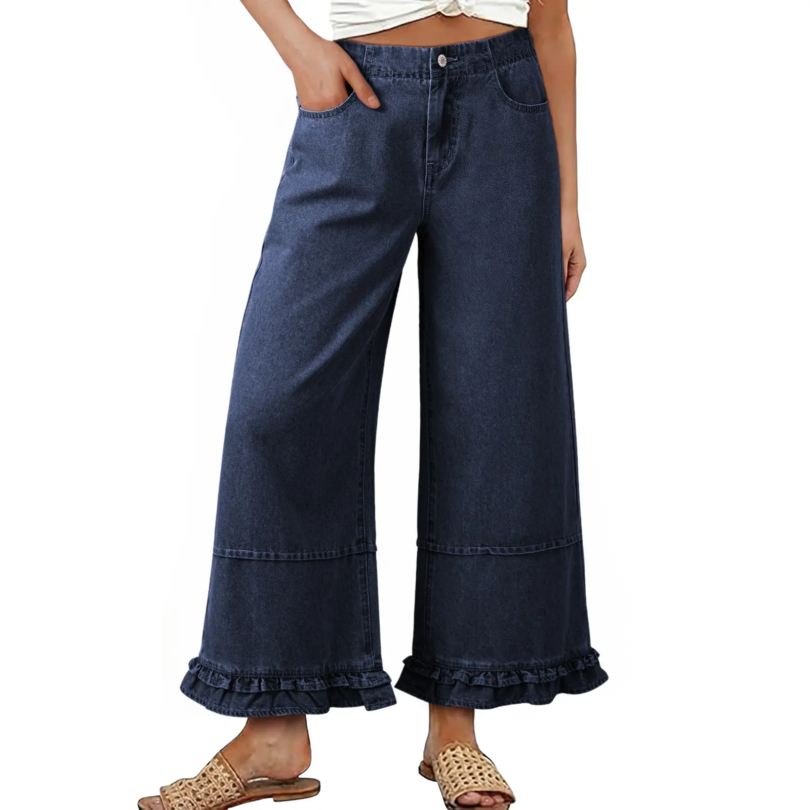 EVALESS Womens Oversize Wide Leg Jeans 2026 Trendy Cotton 100% Mid-Rise Cropped Baggy Jeans Loose Fit Cute Ruffle Hem Trouser Denim Pants 2026 Trendy Womenswear  Deals For You Days summer outfits,back to school shopping