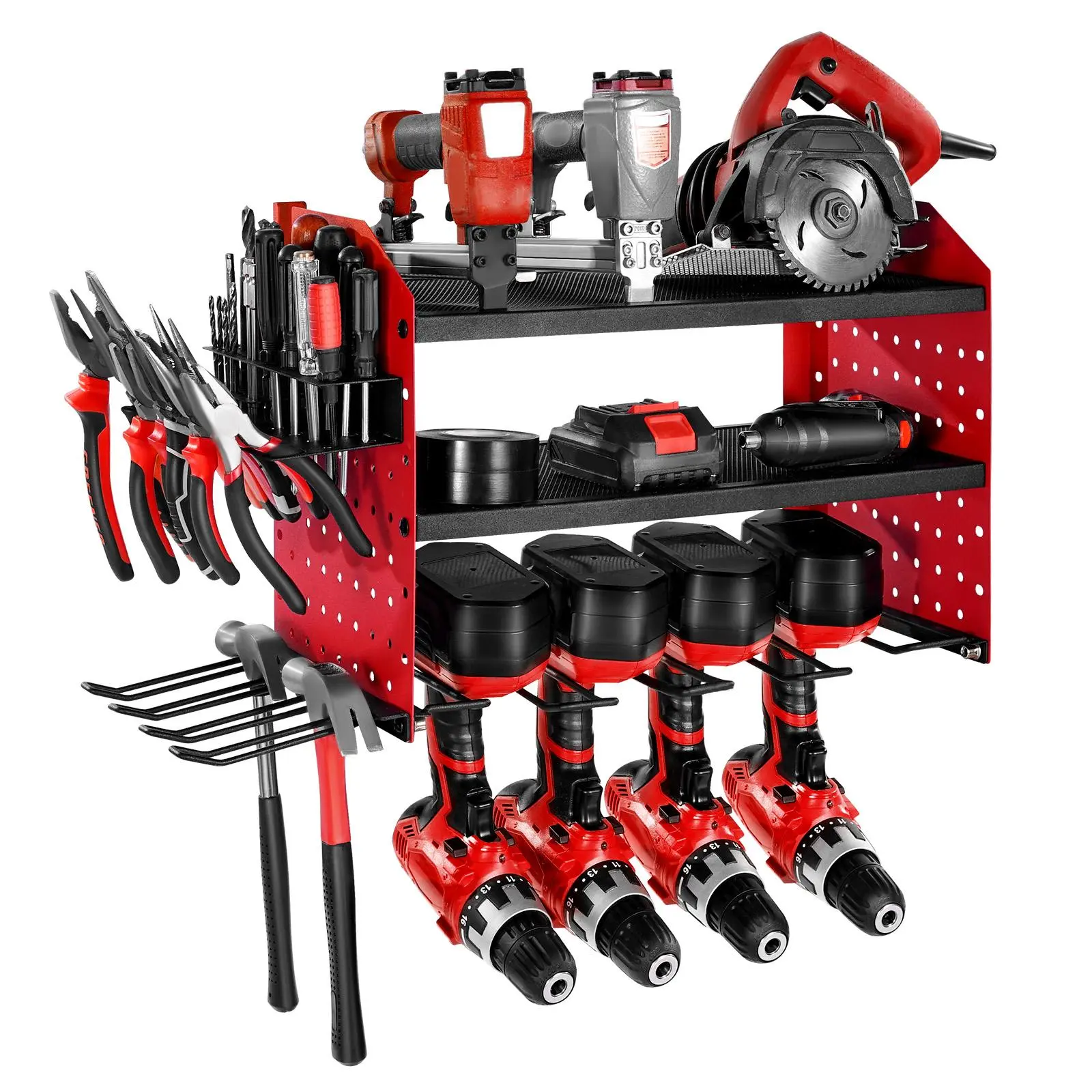 【BackToSchool】VEVOR Power Tool Organizer Wall Mount, 3-Layer Storage Rack with 4 Drill Holders, Tools Holder and Storage Rack with Side Pegboards, Garage Tool Organizer for Garage, Workbench, and Workshop