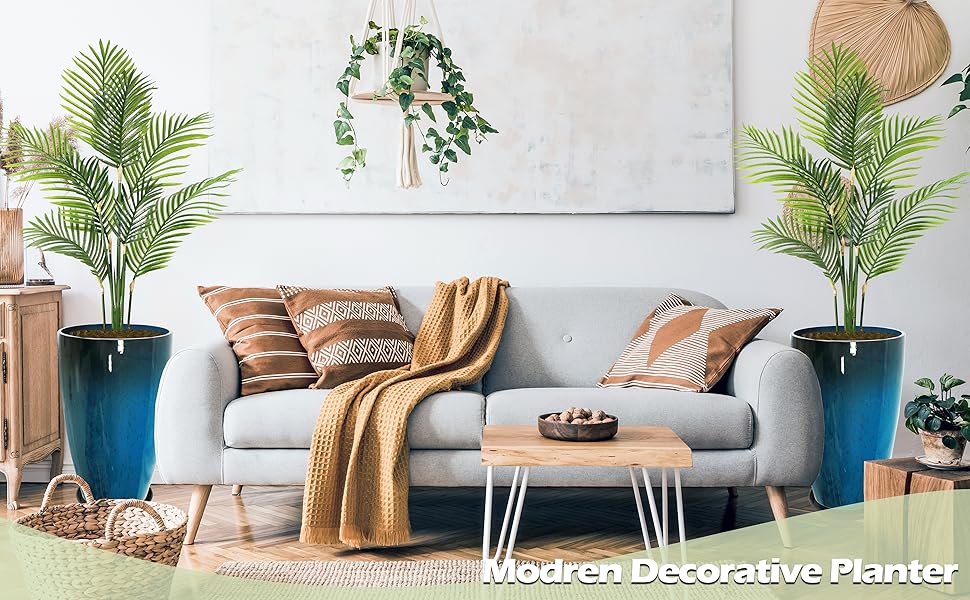 SUNNYGLADE 2Packs 21 inch Tall Planter, Indoor Outdoor Blue Glossy Round Planter for Porch, Large Flower Pot with Drainage Hole for Home Garden Front Door