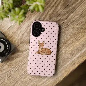 Cute Baby Deer Polka Dot Smartphone Case - Pink Aesthetic Fawn Illustration Protective Cellphone Shell, Minimalist Animal Design Gift for Girls, Mobile Phone Accessories for Handheld Devices