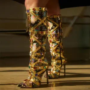 Gold Embellished Knee High Heeled Boots