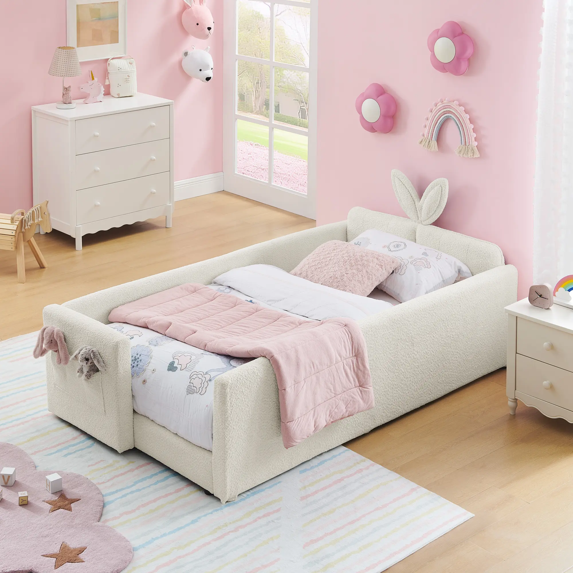 Bellemave Twin Size Boucle Upholstered Platform Storage Bed Frame with Rabbit Ear Headboard, Safety Rails, Storage Pocket, Assembly Required (No Fire Safety Label), Platform Storage Bedframe