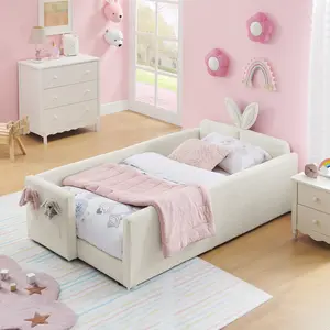 Twin Size Upholstered Platform Bed with Cute Rabbit Ear Shaped Headboard, with Safety Rail and Pocket, Boucle Fabric,